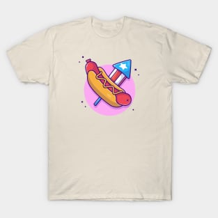 Tasty Hotdog USA Independence Day and Fireworks Cartoon Vector Icon Illustration T-Shirt